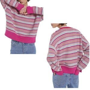 The Kooples 2 100% Wool Retro Stripe Drop Shoulder Sweater Pink Multi Preppy Ski